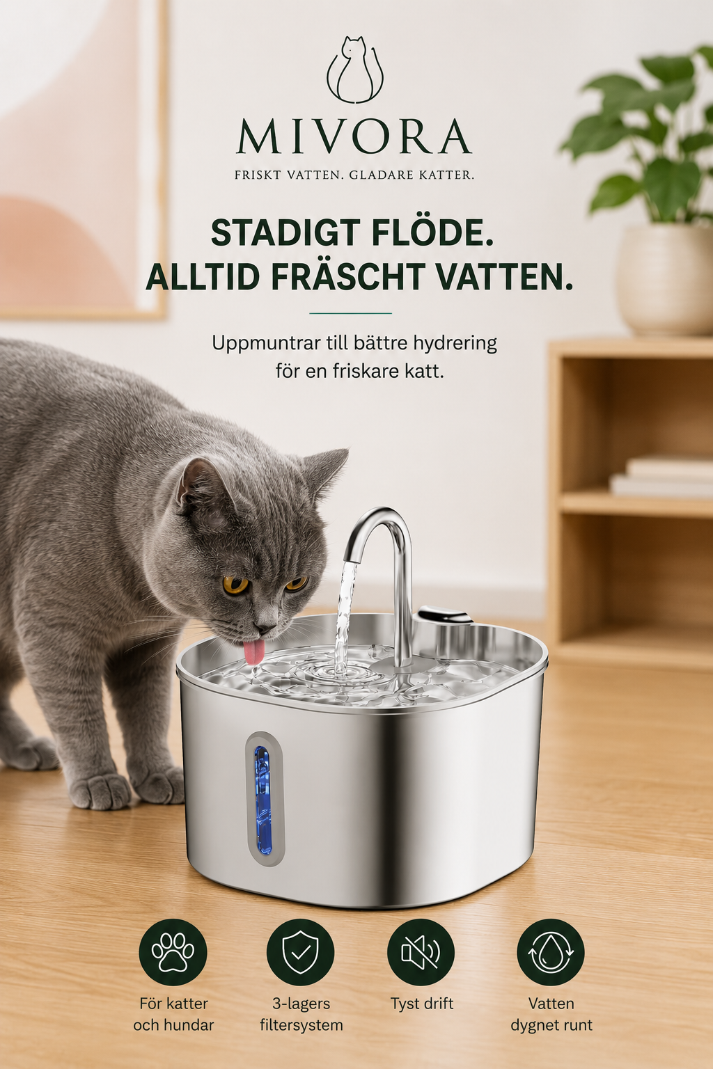 Mivora Flow™ – Automatisk vattenfontän för katter